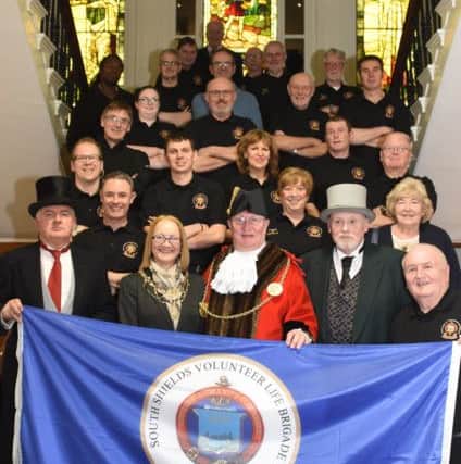 The Mayor of South Tyneside, Coun Richard Porthouse, with members and supporters of todays South Shields Volunteer Life Brigade and actors from Time Bandits.