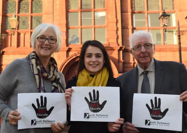 Councillor Joan Atkinson, Lead Member for Children, Young People and Families, South Tynesides Member of Youth Parliament Emma True and Councillor Alan Kerr, Deputy Leader of South Tyneside Council at Jarrow Town Hall.
