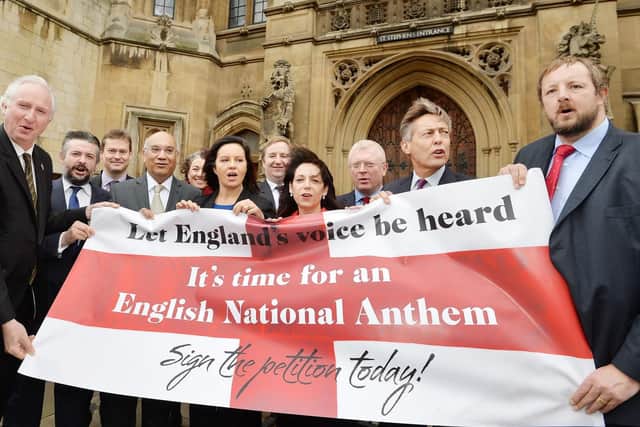 Politicians sing Jerusalem, as they launch the English National Anthem E-petition, outside the Houses of Parliament in London. Picture: John Stillwell/Press Association.