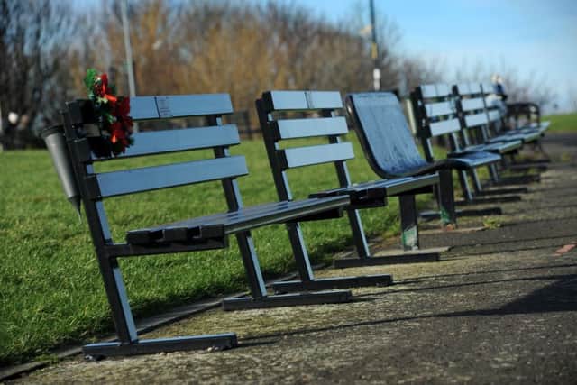 Memorial benches on the Lawe Top, North Marine Park, South Shields.