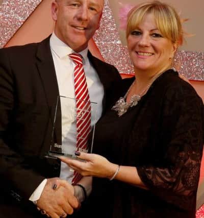 Kevin Ball receives the award for Steph Houghton with Joy Yates from the Sunderland Echo during Best of Wearside event at the Stadium of Light in Sunderland Picture: DAVID WOOD