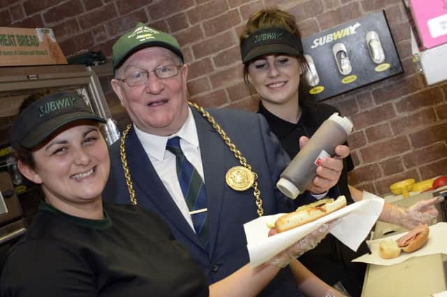 Mayor and Mayoress Richard and Patricia Porthouse with the new team at Subway in Ocean Road, South Shields.
Picture Jane Coltman