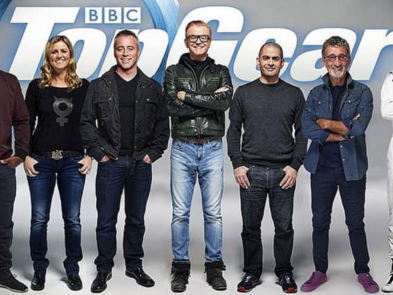 From left, Rory Reid, Sabine Schmitz, Matt LeBlanc, Chris Evans, Chris Harris, Eddie Jordan and The Stig, who have been announced as the full line-up for BBC's Top Gear programme.