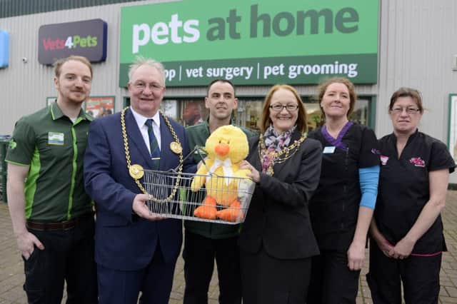 Mayor Richard Porthouse and mayoress Patricia Porthouse with  the team at the Pets At Home store  in South Shields.
Picture Jane  Coltman
