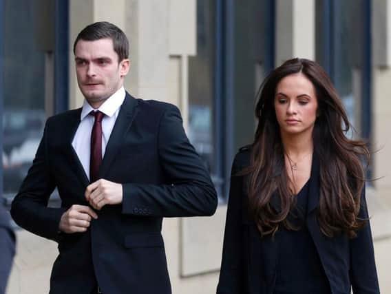 Adam Johnson entering Bradford Crown Court with Stacey Flounders today. Photo: PA