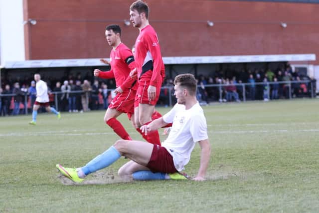 Martyn Coleman slides in South Shields' second goal at Team Northumbria. Image by Peter Talbot.