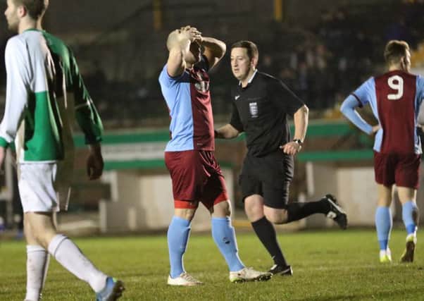 Lewis Teasdale reacts to a late missed chance in South Shields' defeat at Billingham Synthonia last night. Picture by Peter Talbot