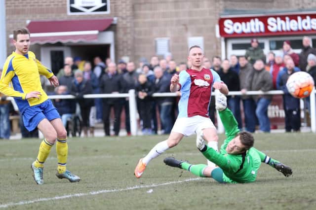 David Foley puts South Shields 1-0 ahead against Chester-le-Street. Image by Peter Talbot.