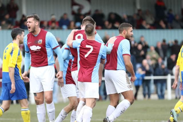 South Shields' players after Martyn Coleman's goal against Chester-le-Street, with Daryll Hall, far left, leading the celebrations. Image by Peter Talbot.