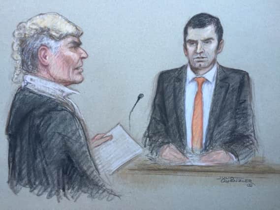 Adam Johnson and Orlando Pownall in Bradford Crown Court. Sketch by JULIA QUENZLER