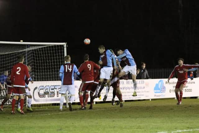 Michael Turner heads the equaliser. Pic: Peter Talbot