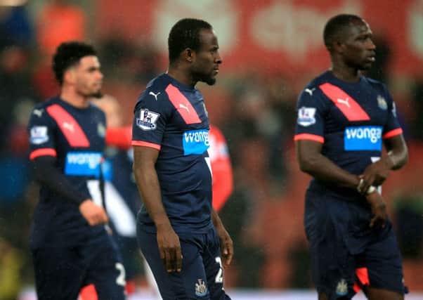 Emmanuel Riviere, Seydou Doumbia and Moussa Sissoko troop dejectedly following Newcastle's 1-0 defeat at Stoke