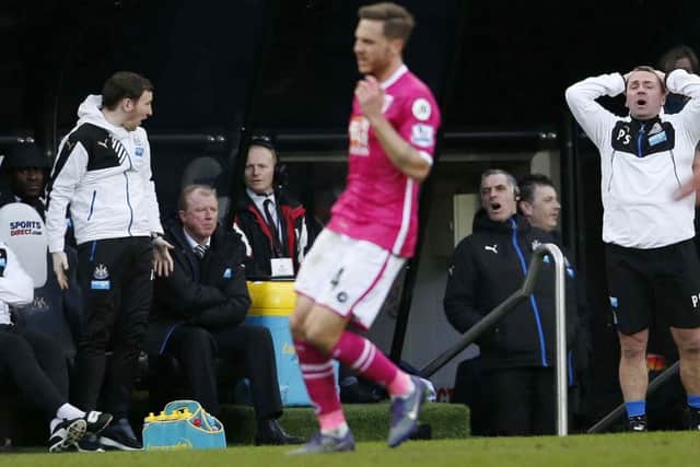Coach Ian Cathro (left) manager Steve McClaren and assistant manager Paul Simpson (right) react in the dugout