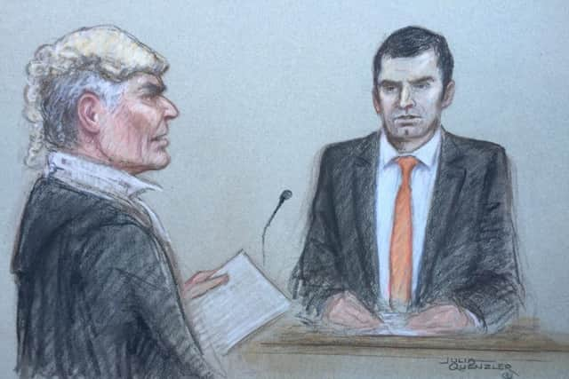 Adam Johnson and Orlando Pownall in Bradford Crown Court. Sketch by JULIA QUENZLER