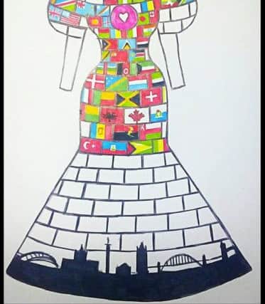 A rough sketch of Colin Burgin-Plews' flag-inspired dress for the Great North Run.