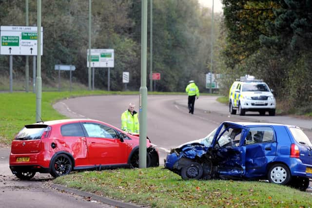 The aftermath of the crash in which Flynn's red Fiat Punto smashed into Norma Hall's Suzuki.