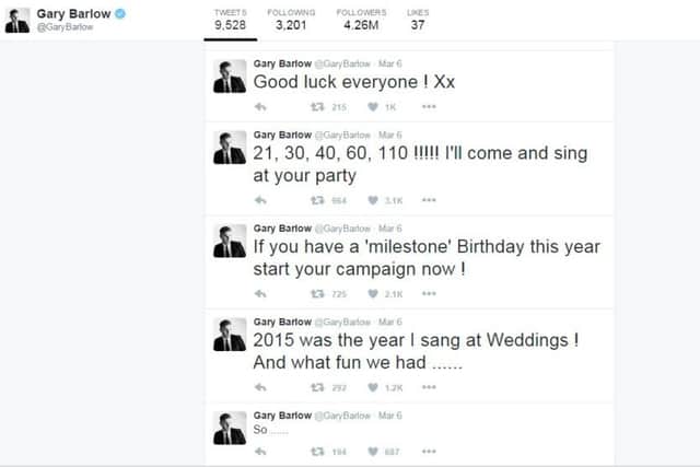 Gary Barlow tweeted that he's going to surprise people having a milestone birthday this year by turning up at their parties.