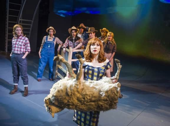 Catherine Tate (Myrna Ranapapadophilou)  & various cast in Miss Atomic Bomb, St James Theatre, photo Tristram Kenton. Michelle Andrews second from left.