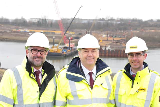 David Abdy, Wear Crossing project director for Sunderland City Council, council leader Coun Paul Watson and Stephen McCaffrey, project director for FVB, the joint venture company building the bridge