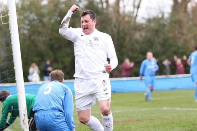 Warren Byrne celebrates his goal against Thornaby. Pic: Peter Talbot