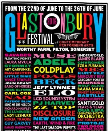 The line-up poster released today by the organisers of Glastonbury Festival.