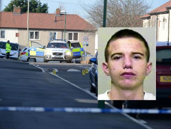 James Wilson, inset, is fighting for his life after being shot by armed police in Frenchmans Way, South Shields.