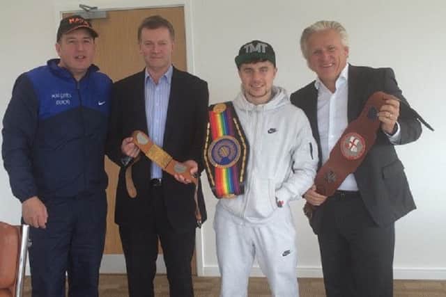Left to right: trainer Mal Gates, South Shields FC managing director Michael Orr, Anthony Nelson and South Shields FC chairman Geoff Thompson.