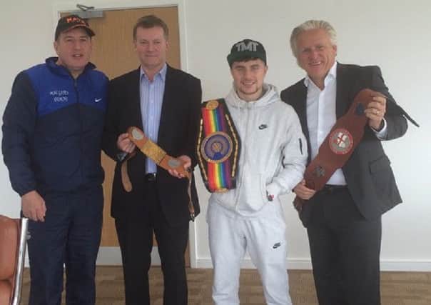 Left to right: trainer Mal Gates, South Shields FC managing director Michael Orr, Anthony Nelson and South Shields FC chairman Geoff Thompson.