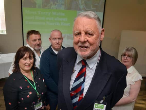 Terry Waite at the Customs House with Sue Wilson, Emmaus North East and companions Paul Barnes, Anthony Flower and Leigh Armour.
