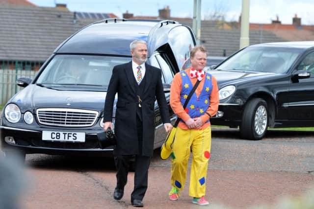 Mr Tumble escorting Jordan Grahams cortege at South Shields Crematorium yesterday.