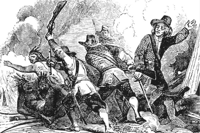 A 19th-century engraving depicting an incident in the Pequot War.