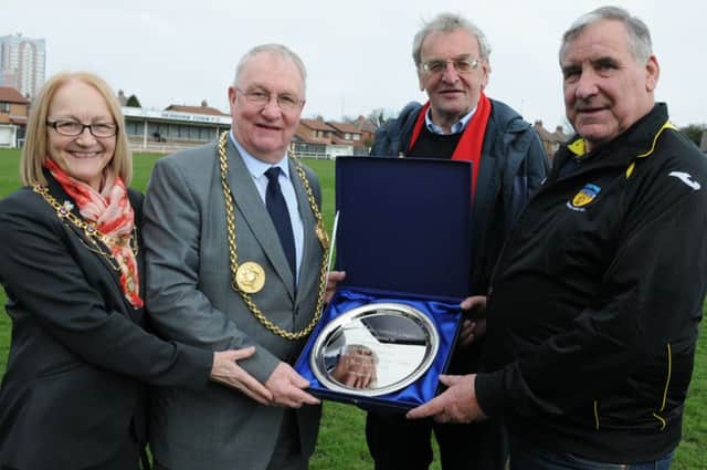 Hebburn Town Football Club chairman Bill Laffey, right, with Northern League chairman Mike Amos, the Mayor of South Tyneside Coun Richard Porthouse and Mayoress Patricia Porthouse, left, marking the football club's 1000th Northern League match.