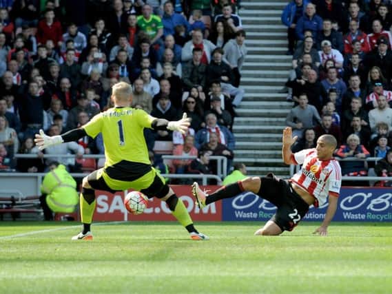 Wahbi Khazri just fails to get on the end of a Yann M'Vila ball