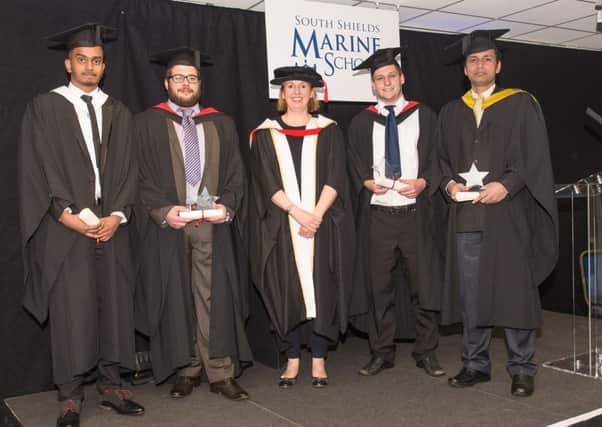 Dr Lindsey Whiterod OBE, centre, and Students Union president Thivyan Sermugam, left, with Tom Oates, Gareth Gorton and Vinod Phogat.