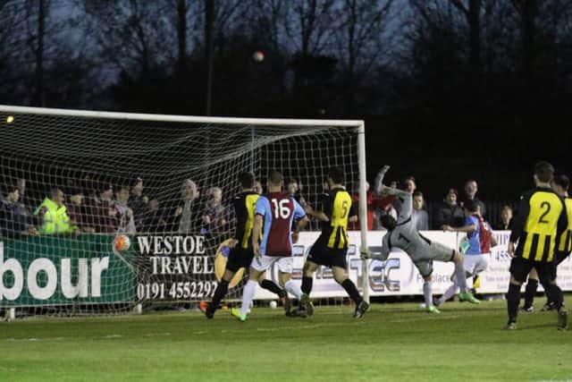 Ben Riding (No 6) scores for Shields. Pic: Peter Talbot