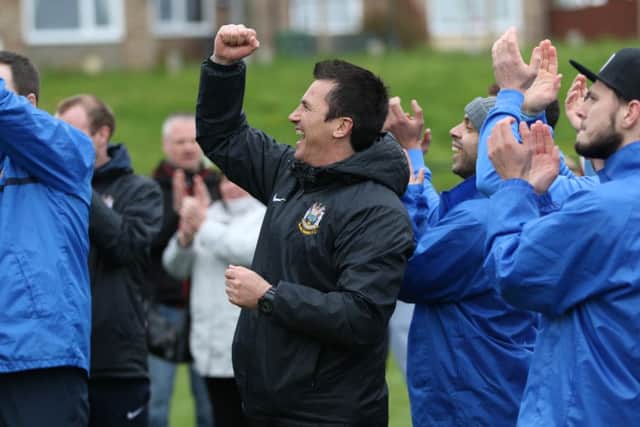 South Shields FC assistant manager Gary Middleton celebrates their title win. Image by Peter Talbot.