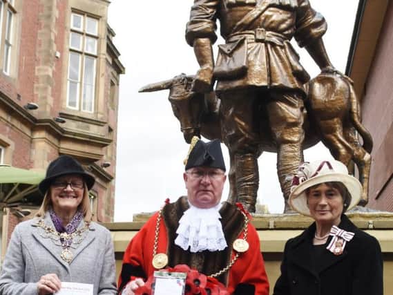 The Mayoress and Mayor of South Tyneside, Coun Richard Porthouse and Patricia Porthouse, with the Lord-Lieutenant of Tyne & Wear, Mrs Susan Winfield OBE, at the John Simpson Kirkpatrick memorial statue, Ocean Road, South Shields Town Centre