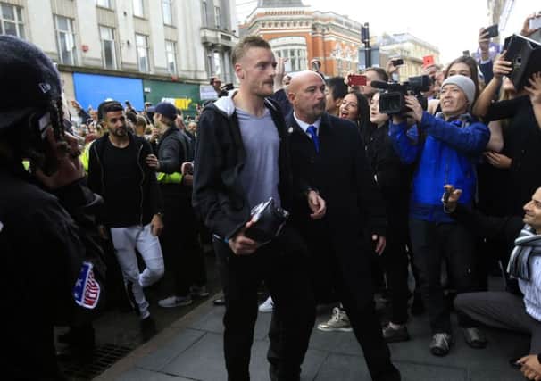 Jamie Vardy arrives for a celebration meal in Leicester