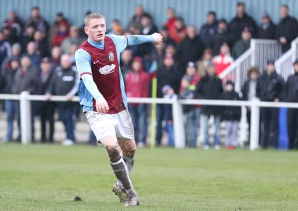 Stephen Ramsey aims for goal for Shields. Image by Peter Talbot.