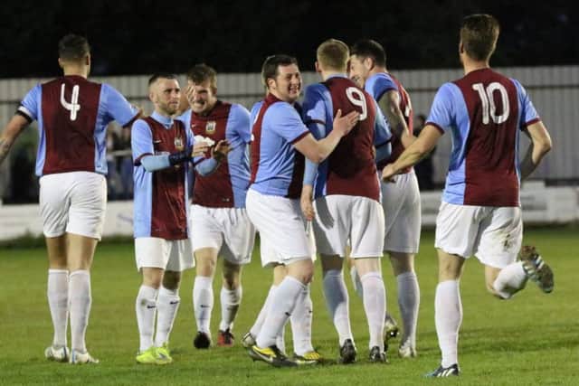 Stephen Ramsey (9) gets congratulated on his winner for South Shields last night