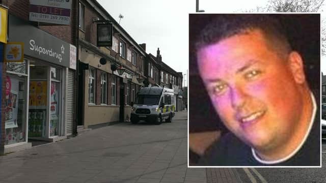 A police van stands outside the Prince Edward pub at The Nook in the aftermath of Ronnie Howard's death.