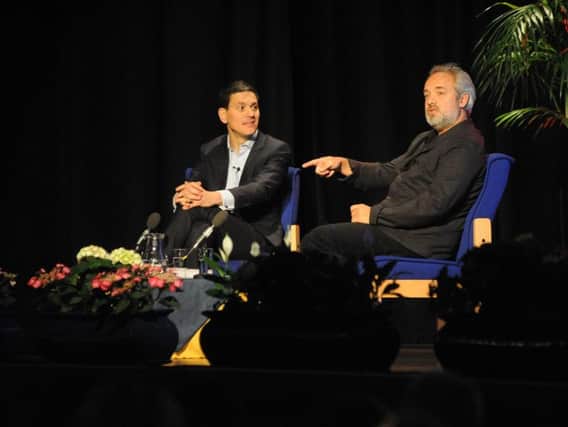 Sam Mendes addresses the audience as former South Shields Labour MP David Miliband hosts the talk.