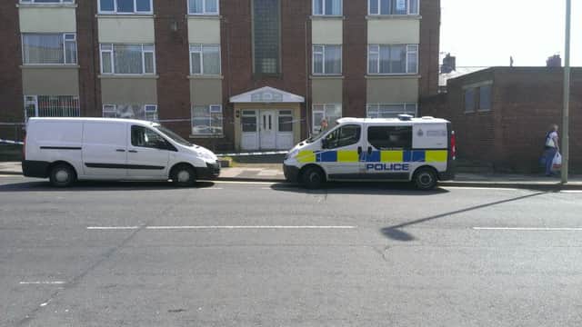 Police and forensic teams outside the flats on Stanhope Road, South Shields, where the incident took place.
