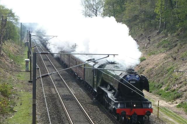 Flying Scotsman heading north from Durham towards the Newton Hall curve after a stop at Durham station. Pic: Peter Ramsey.