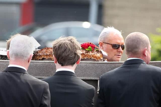Paul Gascoigne helps carry the coffin at the funeral of his nephew Jay Kerrigan-Gascoigne at his funeral today.