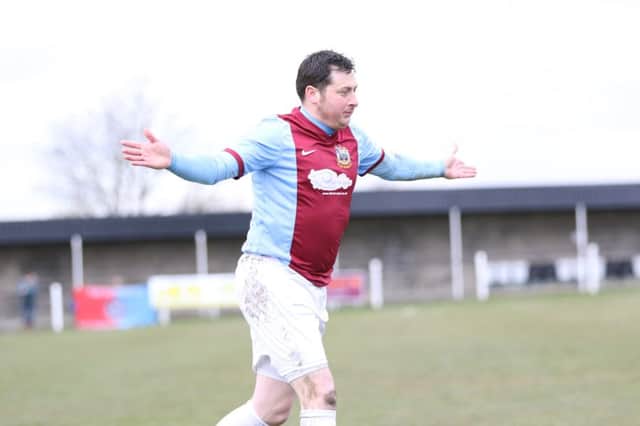 Warren Byrne celebrates his remarkable goal at Tow Law. Image by Peter Talbot.