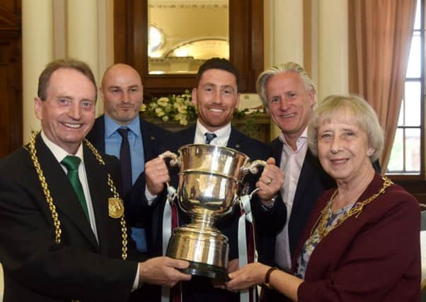 The Mayor and Mayoress of South Tyneside Coun. Alan Smith and his wife Coun. Moira Smith with South Shields FC manager Jon King (2nd left), team captain Lee Paul Scroggins and chairman Geoff Thompson (2nd from right) at a civic reception for the team at South Shields Town Hall last night (Wednesday)