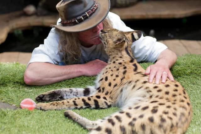 Iain Newby with his serval cat Squeaks, aged 1 1/2, at his home in Great Wakering, Essex. Picture by PA.