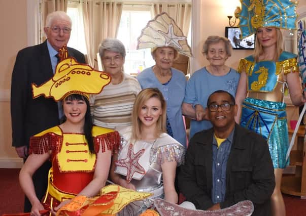 Coun Alan Kerr with Cheviot Court care home residents, Betty Langley, Audrey Dennis and Gladys Foggon, Garner Harris of Creative Seed and their stunning dancers.