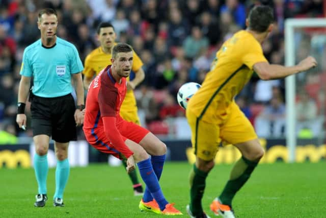 Sunderland-born Jordan Henderson battles against Australia at the Stadium of Light. Picture by Frank Reid